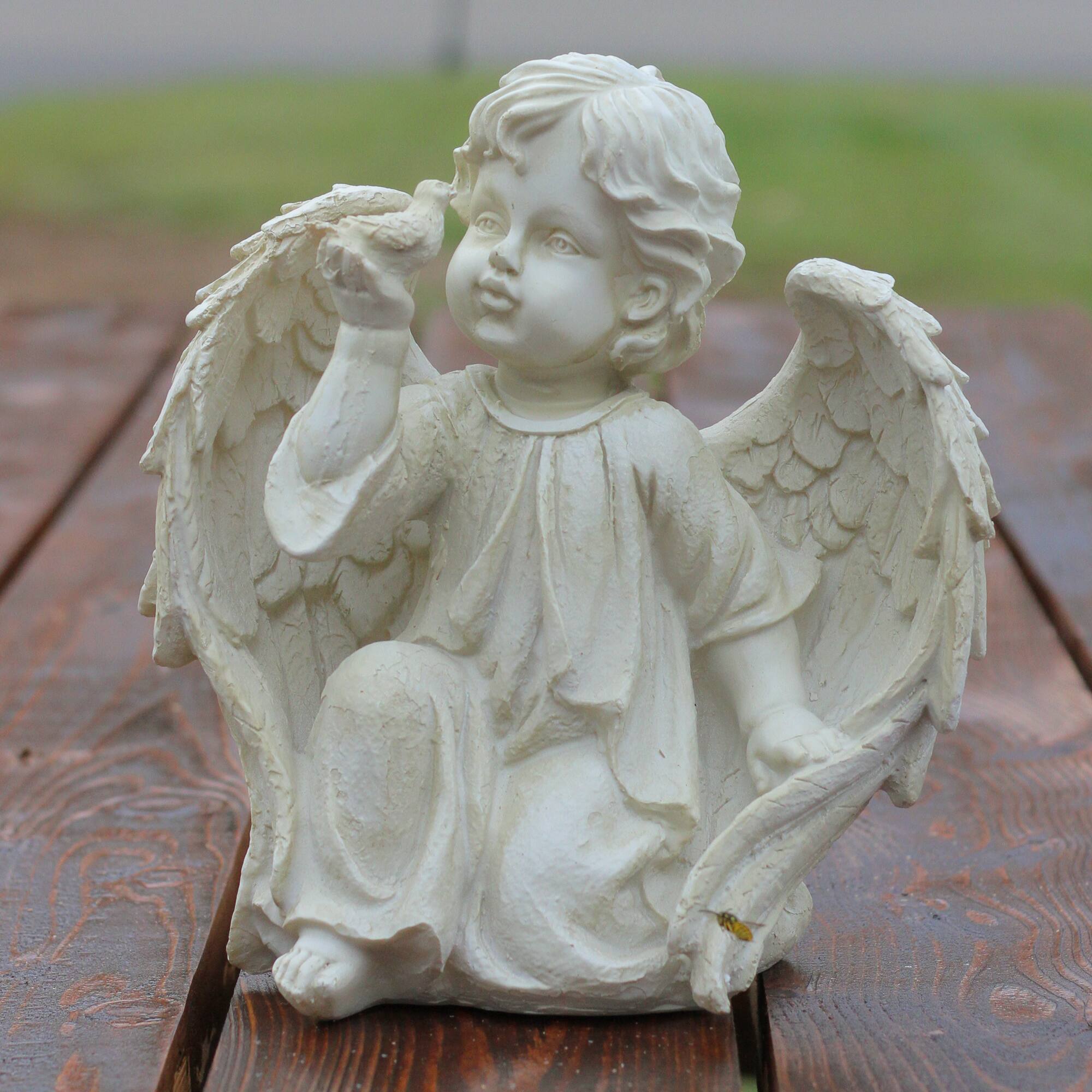 10" Ivory Cherub Angel on Knee with Dove Garden Statue
